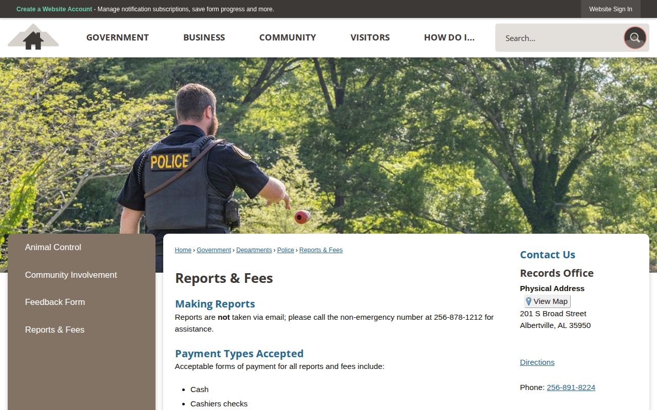 Albertville Reports and Fees page describing arrest reports and city jail identification photos