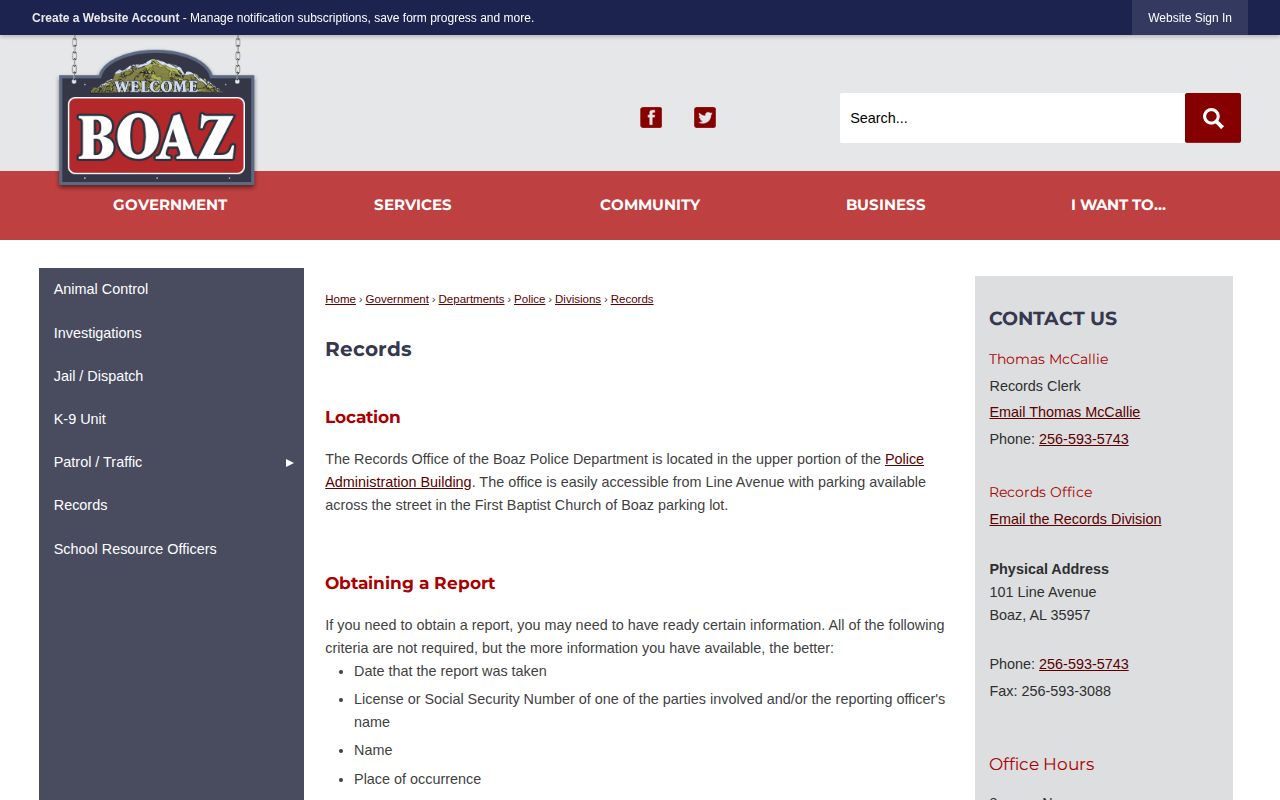 Boaz Police Records Office page with request details and office contact