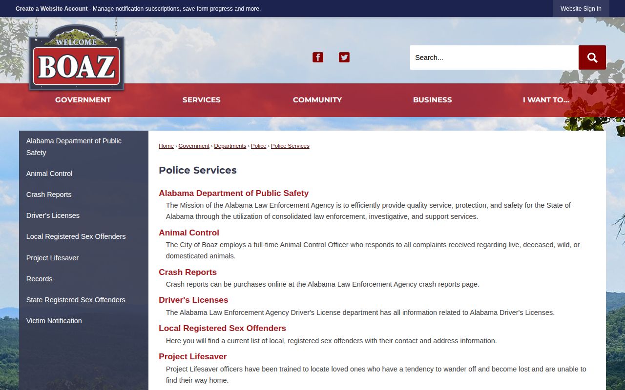 Boaz Police Services page routing reports through the Records Office