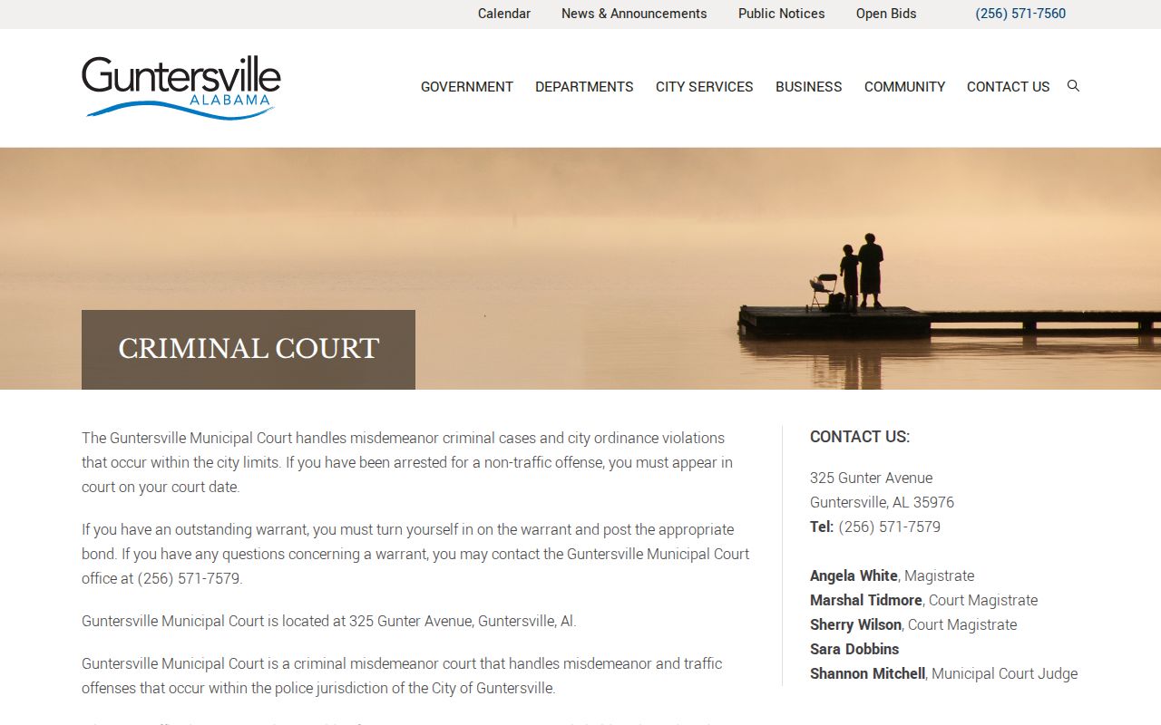 Guntersville Municipal Criminal Court page with office hours court time and phone