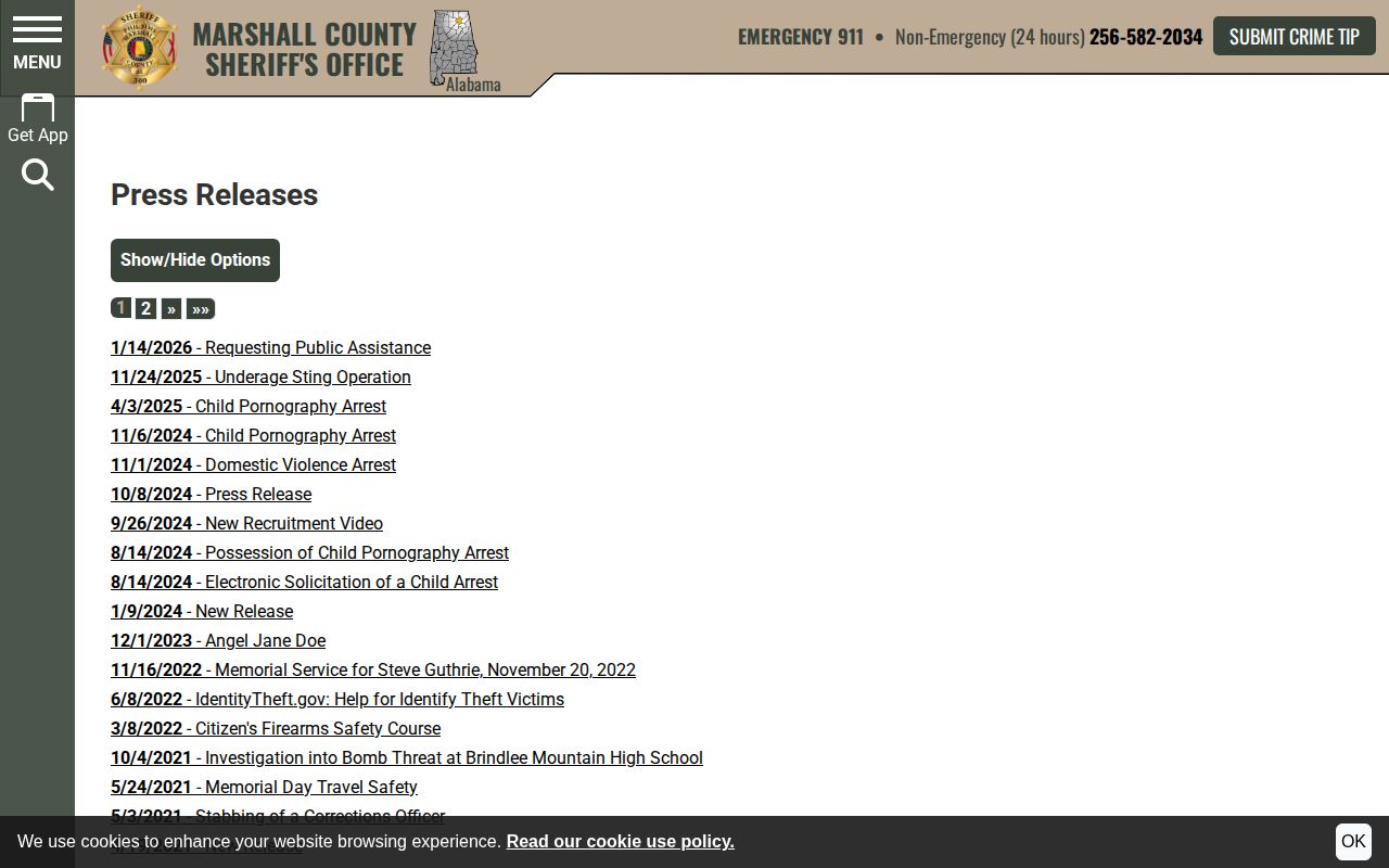 Marshall County Sheriff press releases used with the arrest log