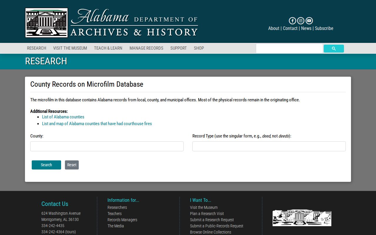 Alabama Archives county records and microfilm research page
