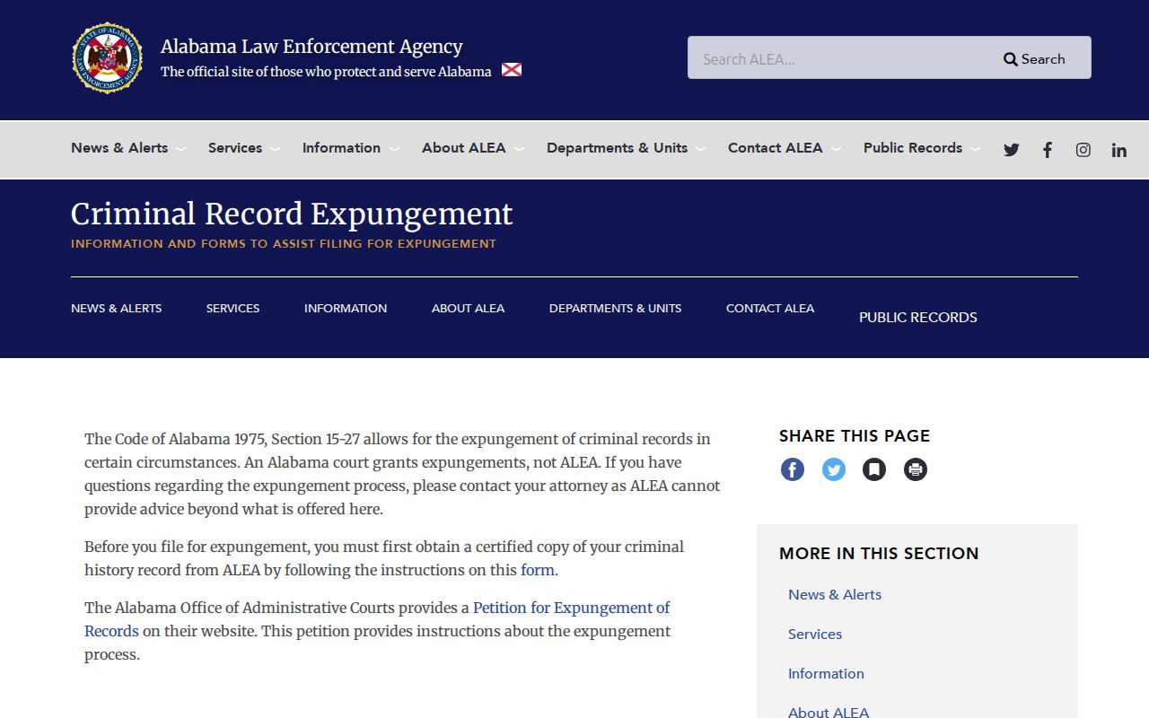 Alabama Law Enforcement Agency criminal record expungement guidance
