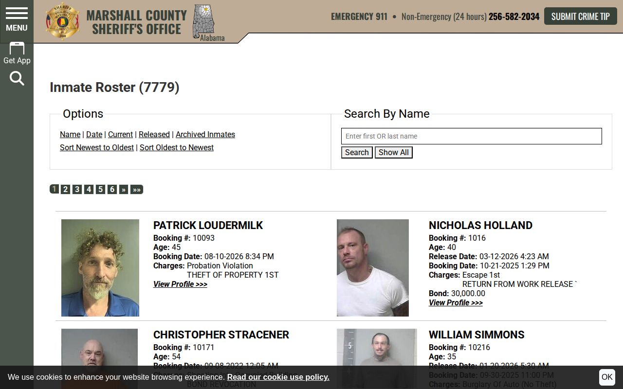 Marshall County Sheriff official inmate roster search form