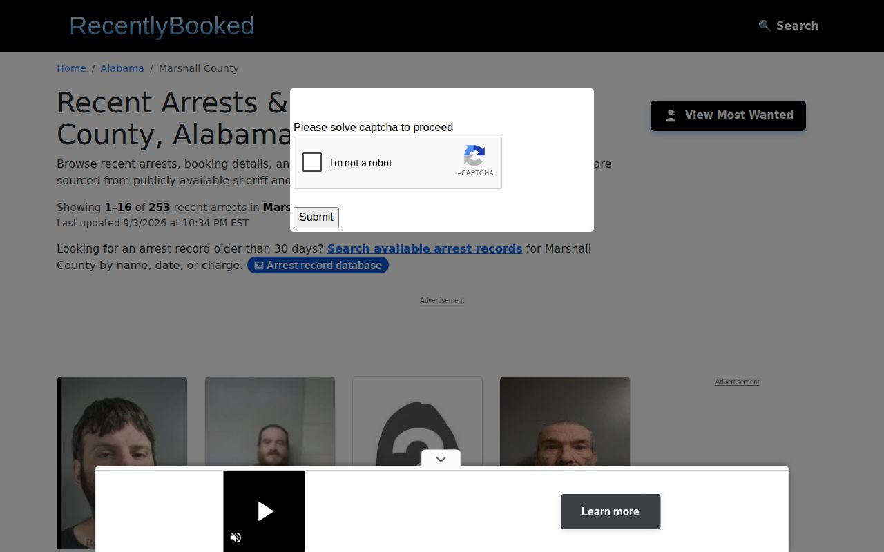 RecentlyBooked unofficial Marshall County arrest index