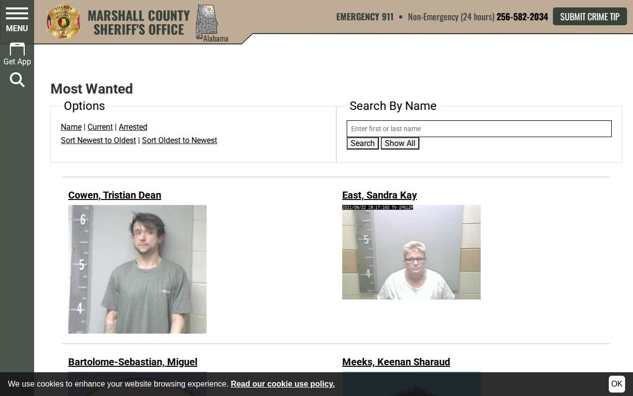 Marshall County Sheriff official most wanted search interface