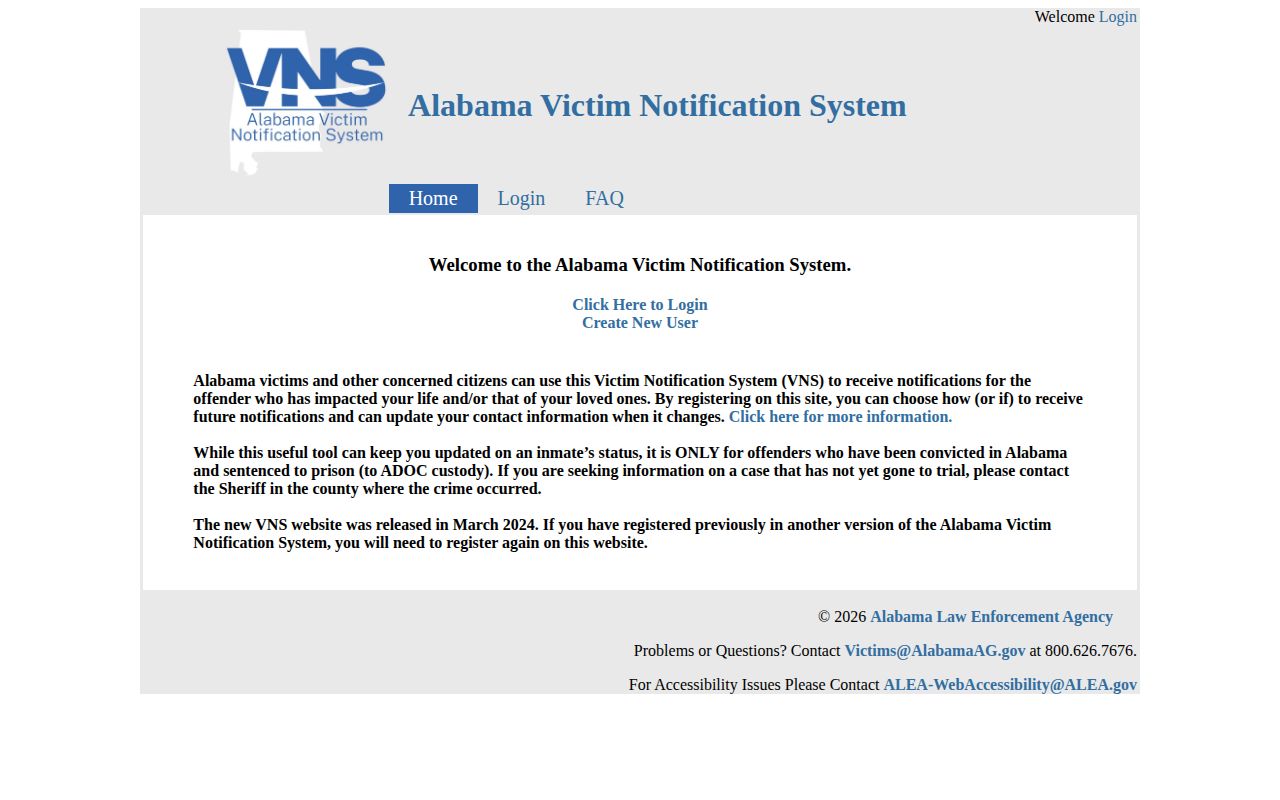 Current Alabama victim notification service for sentenced custody cases